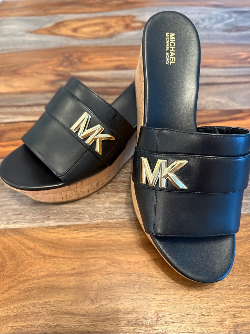 Michael Kors Black Leather Gold MK Logo Cork Wedge Mules